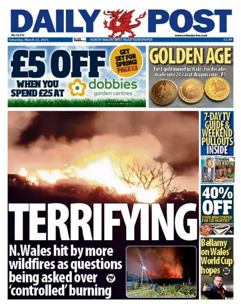 Daily Post Main headline of the Daily Post reads: "Terrifying. N.Wales hit by more wildfires as questions being asked over 'controlled' burning." Behind the text is an image of a raging wildfire at night, trees can be seen among the smoke with rising flames rising in the sky. 