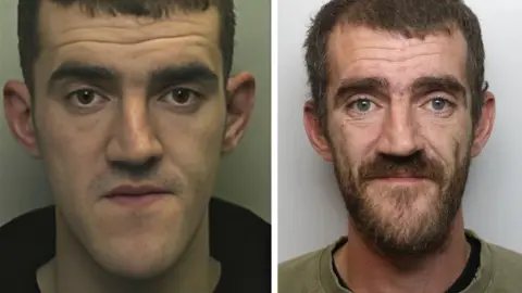 Two police mug shots, one from 2011 and one from 2024, of Simon Beech. The first shows him as a 23-year-old, shaven, with brown hair. The second image shows a 36-year-old man with a beard.