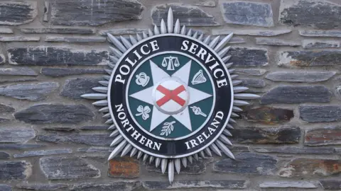 PSNI logo is on a multi coloured stone wall. The logo has a red and white cross at its centre with a green border. The words Police Service Northern Ireland is silver on a black background. The logo is surrounded with silver spikes. 