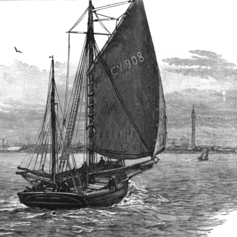 The Print Collector/Getty Images A black-and-white sketch of a small sailing boat heading across calm waters towards a port. The boat is made of wood and has a tall mast with a dark sail, which is marked with the registration number "GY 908". Four people are on the deck. The coastline is dominated by a tall tower with a spire.