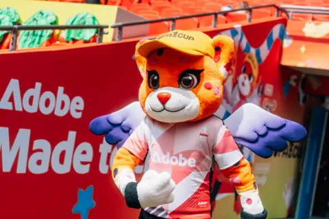 PA Media The mascot for the 2026 Women's FA Cup Final. They wear an orange cat costume, wearing a pink, white and red shirt, with purple wings.