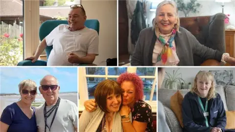 A collection of photographs showing patients, supporters and staff at the hospice. One shows a man sitting on a green chair, another has a woman on an armchair smiling. There is also an image of two women hugging and smiling and another one of a couple near the sea.
