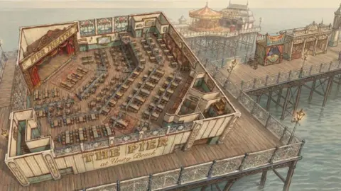 Brean Leisure Park Limited An AI image of what part of the Brean Leisure Park revamp would look like. A birds eye view of a building on a pier that doesn't have a roof, so you can see inside, can be seen. There is seating within the building facing a stage in what is named the "pier theatre"