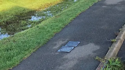 Metal grates cover two pavement gullies with a flooded patch of green on the verge next to it