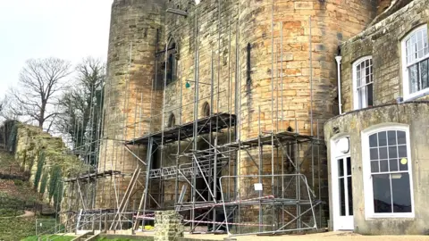 Tonbridge Castle with scaffolding around the building. 