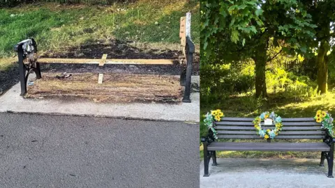 Leanne Booth A burnt out bench with metal legs still intact on a concrete plinth next to an image of the bench before in its original state with flowers either side and a floral wreath in the middle