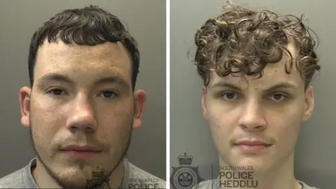 South Wales Police A composite image of custody headshots of Jimmy O'Driscoll and Corey Gauci. O'Driscoll in on the left and has short dark brown hair. Gauci is on the right and has light brown curly hair.