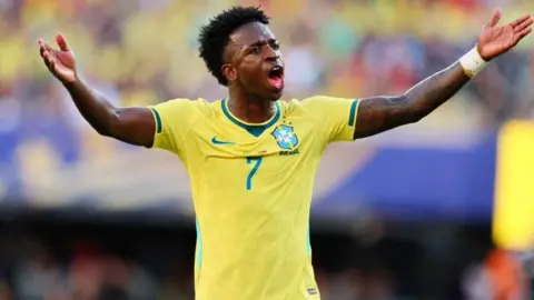 Brazil's Vinicius Jr celebrates scoring against Morocco at the World Cup
