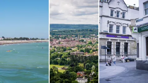 A compilation photo of three UK towns. One is a seaside town. One is rural. The other is urban. 