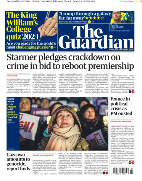 Guardian headline reads: "Starmer pledges crackdown on crime in bid to reboot premiership"