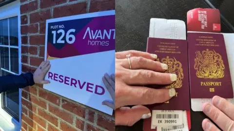 Two images - on the left a man and a woman's hands are placed on a "reserved" sign on a new-build home. On the right, the same hands are placed on two passports containing boarding passes. The woman's left hand has an engagement ring.