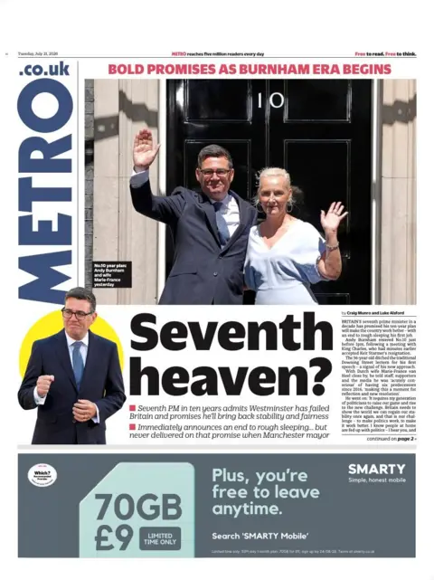 The headline on the front page of the Metro reads: “Seventh heaven?”.