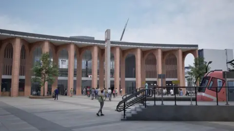 An artist's impression of the new station back entrance, including tall red brick arches along the back of the building. Two can be seen dotted on the courtyard entrance, and people can see seen walking in crowds outside the building.