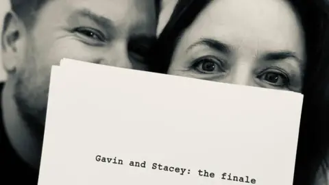 James Corden and Ruth Jones holding Gavin and Stacey finale script
