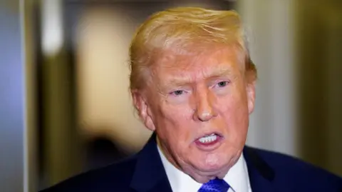 Headshot of US President Donald Trump, wearing a navy coat, white shirt and a royal blue tie