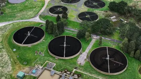 An aerial shots of the goal ponds of the Getty Image Water Treatment Plant.