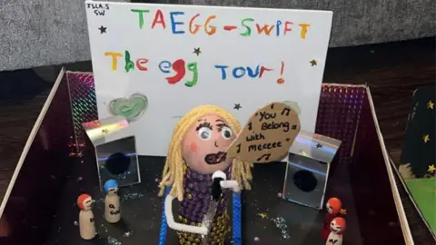 Janeane Kearney/PA Wire Egg painted with facial features and covered in blonde hairstyle singing into a felt microphone. It is set up on a performance stage recreation with a white backdrop saying Taegg Swift - The egg tour in various colours