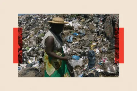 Archive image of Cynthia collecting cans at a rubbish dump