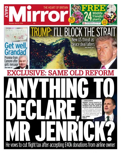 "Anything to declare, Mr Jenrick?" reads the headline on the front page of the Daily Mirror.