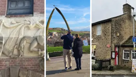 Images from left include the frieze at the entrance of the former Leadmill venue in Sheffield, the Whitby Bone Arch and a post office building