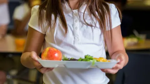 Getty Images A child holding a tray with food on it. You can see salad and an apple. The picture is cropped so you cannot see the child's face.