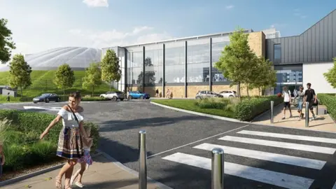 Seven Capital Artist impression of new frontage, as woman crosses car park to new leisure centre housing a gym, with newly clad dome in distance.