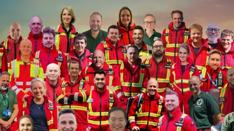 Contributed SARS volunteers pictured in a collage edit of them all. Many are wearing red jackets with yellow fluorescent strips on them. They are all smiling.