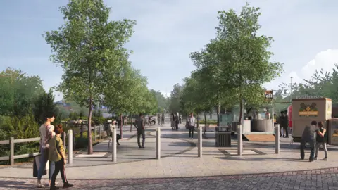 City of Wolverhampton Council A walkway, including people standing, is in the middle alongside a number of trees. A fence is on the left and a "food truck" on the far right of the photo.