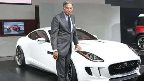 Getty Images Tata Group Chairman Ratan Tata at the Jaguar Pavilion during the 11th Auto Expo held at Pragati Maidan on January 5, 2012 in New Delhi, India. Tata Motors-owned Jaguar unveiled two new models, C-X16 and C-X75, at the Auto Expo 2012 here.