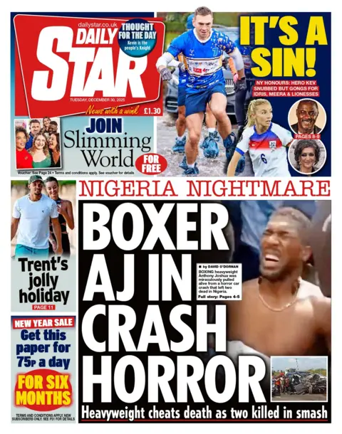 "Nigeria nightmare: Boxer AJ in crash horror" reads the headline on the front page of the Daily Star.