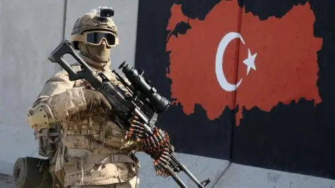 A soldier stands with a very large gun and several rounds of ammunition wrapped around it. He has goggles and a mask on so his face is covered. There is a Turkish flag in the background on a concrete wall 