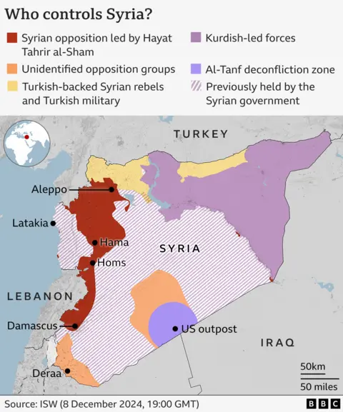 Map of Syria with areas shaded in to show who is in control. Most of the country is shaded to show that it was previously held by the Syrian government. An area to the west stretching almost from north to south and including major cities, shows the area held by the Syrian opposition led by Hayat Tahrir al-Sham.