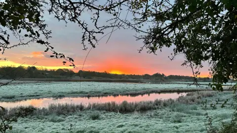 Alan O A sun can be seen rising over a scene of frost-tipped fields with a body of water in the foreground and foliage framing the scene 