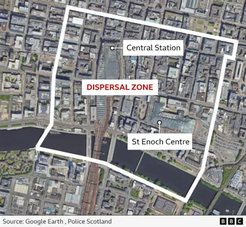 Aerial map showing the Glasgow dispersal zone
