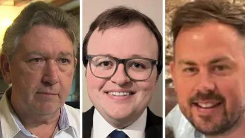 Individual headshots of three men side by side in a composite image. On the left, one has greying hair and light eyes, wearing a white dress shirt as he looks off camera with no expression on his face. In the centre, another smiles into the camera, with dark hair and eyes, wearing glasses and a suit. On the right, the third smiles into the camera, with light hair and eyes and a beard.