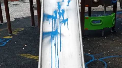 Knowsley Council Image shows a children's play area slide daubed with blue paint