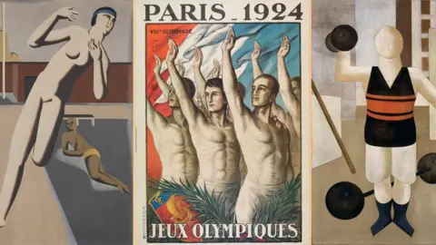 DACS 2024/V&A Museum/Estate of George Grosz, Princeton A modernist painting of a running woman (left), a 1924 Olympic poster of several men raising their right arm (centre) and a modernist painting of a gymnast (right)