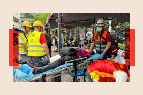 How Taiwan is preparing for a China attack with acting, fake blood and fake missile attacks 32 Tessa Wong/ BBC A person laying on a stretcher as part of the drills