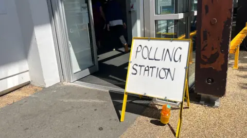A polling station sign outside a door