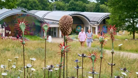 Jim Holden / RBG Kew A variety of the ceramic seeds are shown amongst the grass, with the Millenium Seed Bank in the distance and a young man and woman walking towards them.