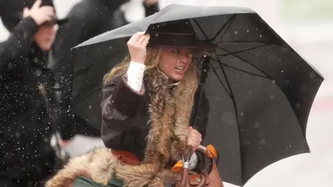 PA Media A woman dressed in a brown coat with a wide-brimmed brown felt hat clutches a black umbrella as she struggles through the wind at Cheltenham racecourse. She carries a brown handbag and has a fur stole around her neck. 