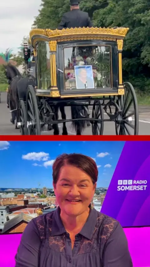 Split screen of Emma Britton and the horse drawn carriage at her funeral procession.