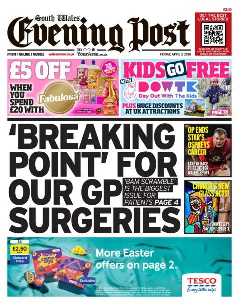 South Wales Evening Post Front page of South Wales Evening Post with headline "Breaking point for our GP surgeries"