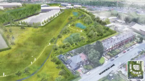 Peel Land CGI image of the warehouses which would make up the Gibfield Park development. The image shows houses, green spaces and the new warehouses. 
