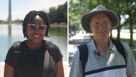 A Black woman in black shirt and red sunglasses on the left, and a white man with a hat on the right.