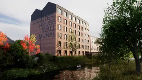 ADG Architects/Coventry council planning portal A CGI image of a brick six-storey building next to a water way surrounded by greenery