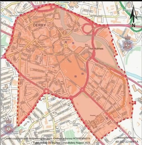 Derbyshire Police A map of Derby with a red shaded area showing where the dispersal order applies