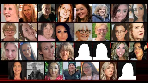A collage of pictures of 28 of the 31 women who have died violently in Northern Ireland since 2020, with three silhouettes representing the other three women