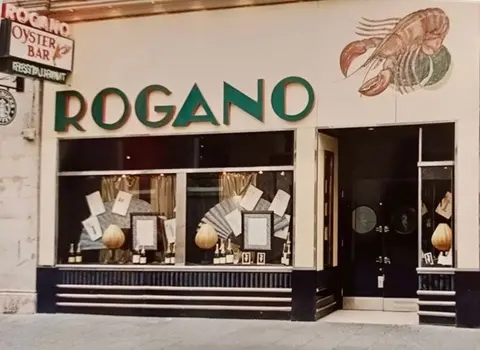 Don Grant Exterior of Rogano oyster bar and restaurant in Glasgow, with large green ROGANO sign above display windows and a painted lobster mural, photographed in 2001.