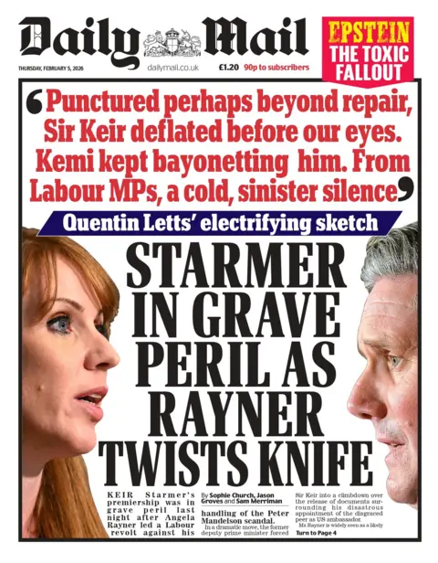 "Starmer in grave peril as Rayner twists knife," reads the headline on the front page of the Daily Mail.